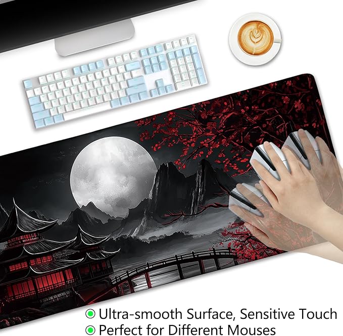 LIMKRIAN Japanese Mouse Pad Large Gaming Desk Mat, Extended Computer Mousepad with Stitched Edges Non-Slip, XL Keyboard Mouse Pad, Aesthetics Full Moon Home Decor Office Desk Accessories 31.5in