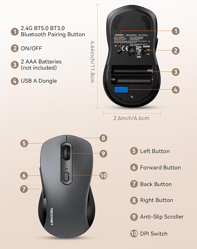 TECKNET Bluetooth Mouse, [ USB + BT1 + BT2 ] Wireless Mouse for Laptop, Silent Click, Ergonomic Design, 4800 DPI Computer Mice Wireless, Dual Mode for Laptop, Computer, iPad, MacBook