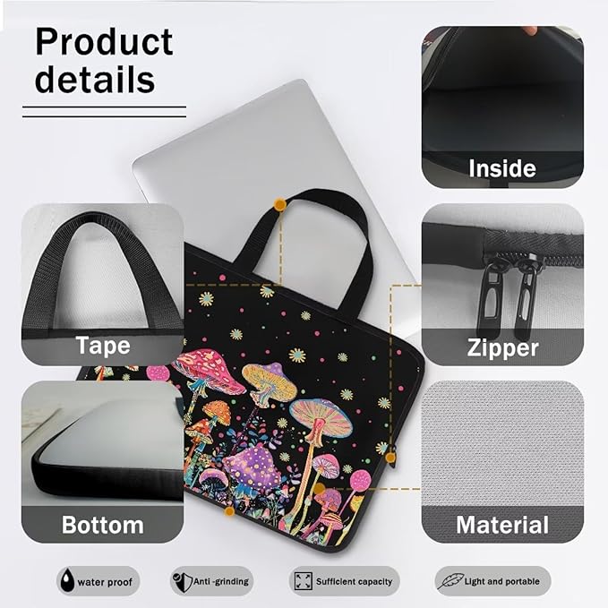 Colorful Mushrooms 10-17 Inch Kids Tablet Portable Neoprene Zipper Carrying Sleeve Case Bag Computer Tablet Handbag Case Notebook Messenger Briefcase for Travel/Business/School