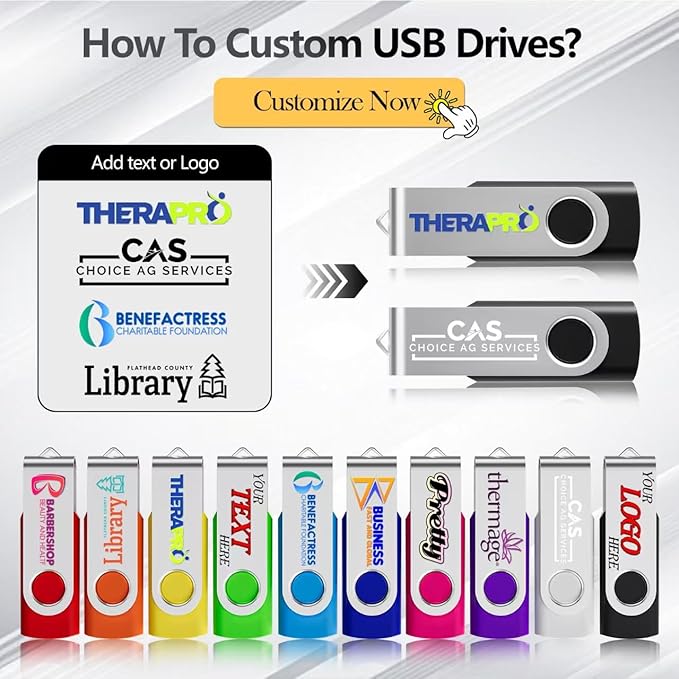 Custom USB 2.0 Personalized Flash Drive 8GB, 10Pcs High-Speed Memory Sticks with Printed Logo/Text, Bulk Promotional Thumb Drives for Company AD/Education/Wedding/Corporate Event