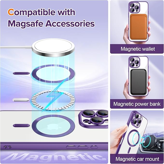 Hython Magnetic Clear for iPhone 16 Pro Max Case with Camera Lens Protector [Compatible with MagSafe] Plating Edge Slim Soft TPU Cover Protective Phone Case for iPhone 16 Pro Max 6.9", Matte Purple