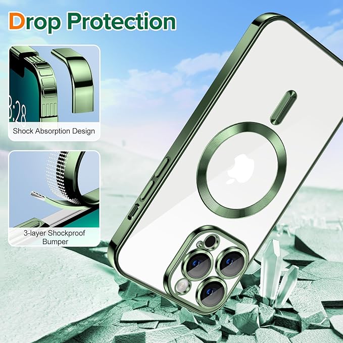 Hython Magnetic Clear for iPhone 13 Pro Case with Camera Lens Protector [Compatible with MagSafe] Luxury Plating Edge Slim Soft TPU Cover Protective Phone Case for iPhone 13 Pro 6.1", Deep Green