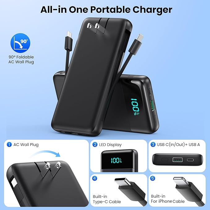 Portable Charger for iPhone,13800mAh Slim Power Bank with Built-in Cables & AC Wall Plug,All in One 4 Outputs USB C Fast Charging Battery Pack Powerbank for iPhone 17/16/15/14,Android,Travel Essential