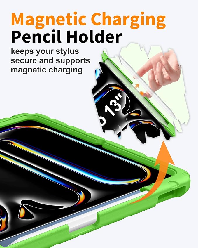for iPad Air 13 Inch Case (M4 2026 / M3 2025 / M2 2024), Heavy Duty EVA Protective Cover with Magnetic Charging Pencil Holder, 360° Rotating Stand, for Kids, Work & Travel, Green