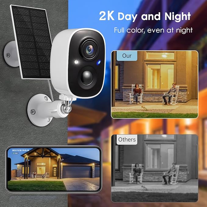 GMK Solar Security Camera Wireless Outdoor, with Solar Panel 2K Color Night Vision Motion Detection 2-Way Talk Battery Powered 3MP WiFi Home Indoor Camera IP65 Weatherproof Cloud/SD Storage