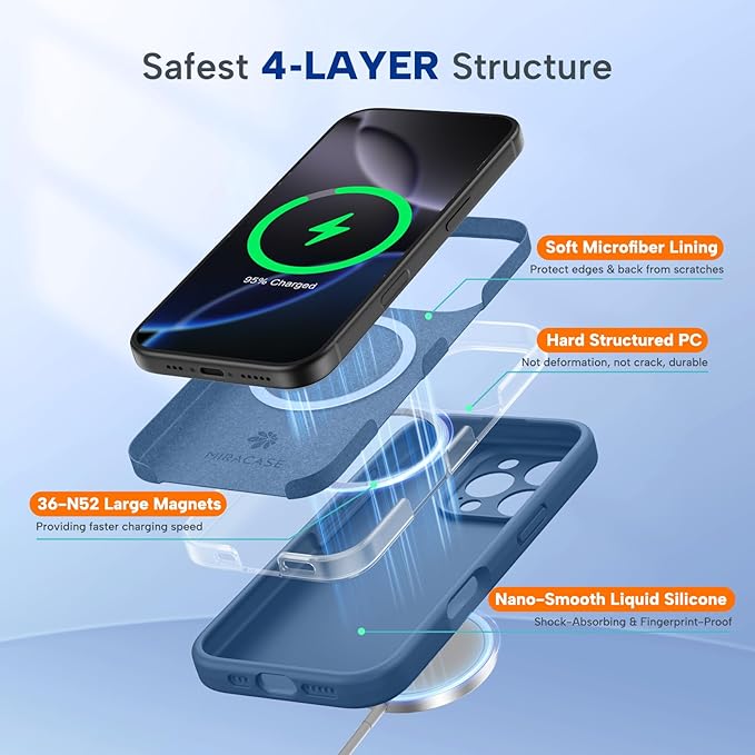 Miracase Magnetic for iPhone 16 Pro Case, [Soft Anti-Scratch Microfiber Lining], Compatible with MagSafe, Liquid Silicone Case Shockproof Drop Protection Phone Case for 16 Pro,Glass Blue