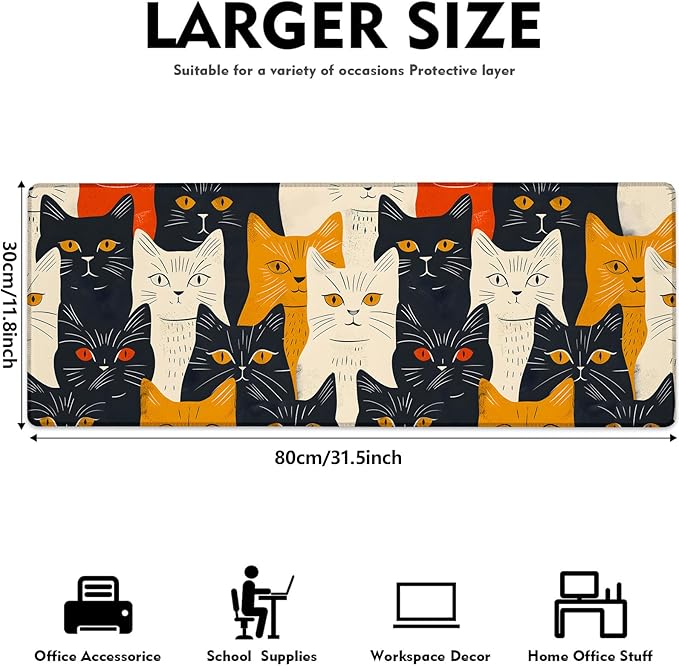 Artistic Cat Gaming Mouse Pad, Large Bold and Colorful Kitten Desk Mat for Laptop Keyboard Computer, Non-Slip Rubber Base Desktop Extended Mousepad for Office Home Accessories 31.5"×11.8"