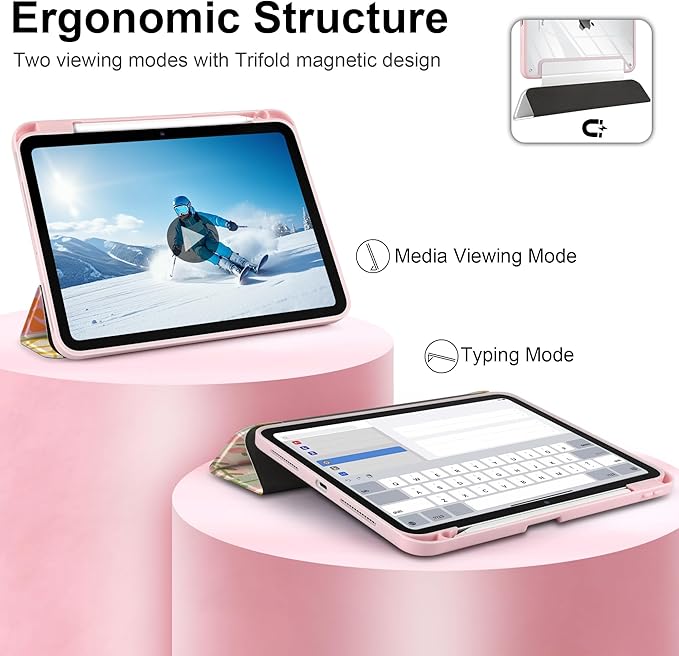 Case for iPad Pro 13 inch (M5) 2025 (M4) 2024 Release Slim Lightweight Cute Light Pink Cover with Clear Back TPU Edge Pencil Holder Trifold Stand, Flower Patchwork