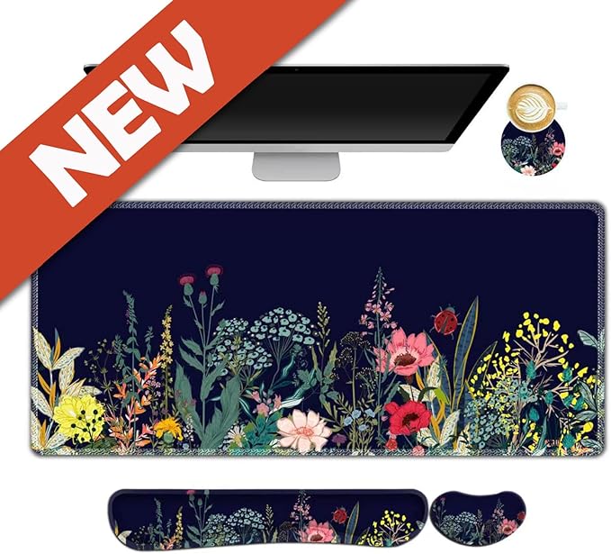 DINKY Keyboard Mouse Pad Set, Large Gaming Mousepad + Memory Foam Ergonomic Keyboard Wrist Rest Support, Easy Typing Pain Relief, 4Pcs (35.4" x 15.7") Extended Desk Mat-Flower Weed