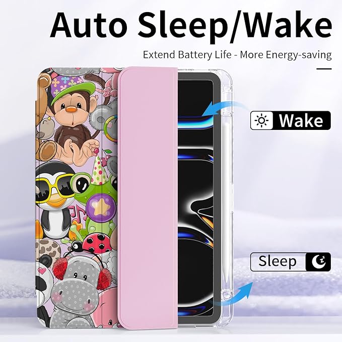 Cute Case for iPad Pro 11 Inch M4/M5 Chip 2024/2025 (A3357 A3358 A3359 A2836 A2837 A3006) with Pencil Holder, Shockproof Clear Back Cover Protector, Trifold Stand, Cute Animals