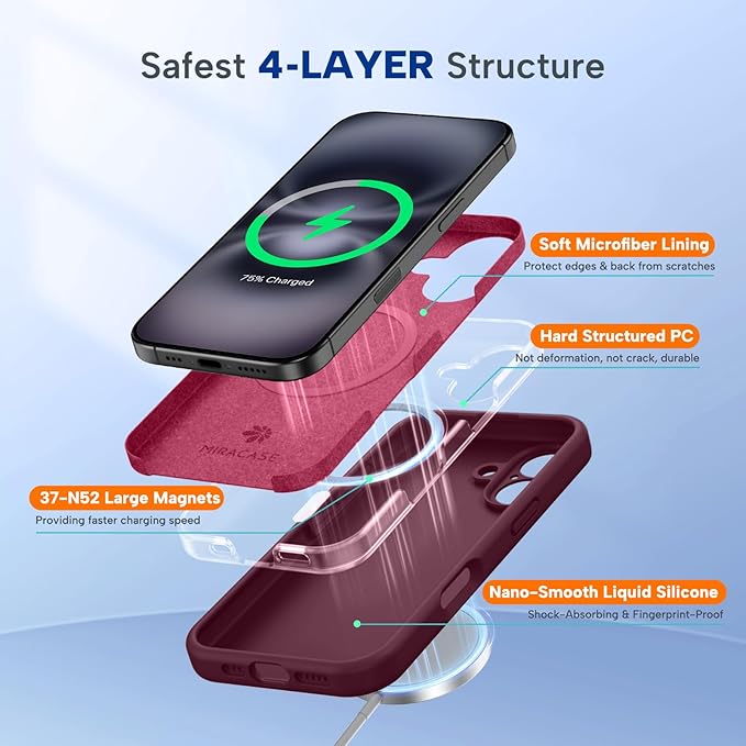 Miracase Magnetic for iPhone 16 Plus Case, [Soft Anti-Scratch Microfiber Lining], Magnetic for MagSafe, Liquid Silicone Shockproof Drop Protection Phone Case for 16 Plus,Wine Red