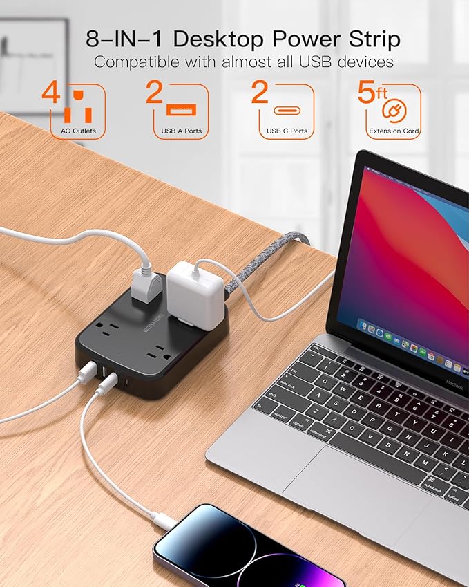 Power Strip with 2 USB C - BESHON 5 Ft Flat Extension Cord Flat Plug Power Strip, 4 Widely Outlets and 4 USB Charging Ports for Home Office Dorm Room Essentials, Black