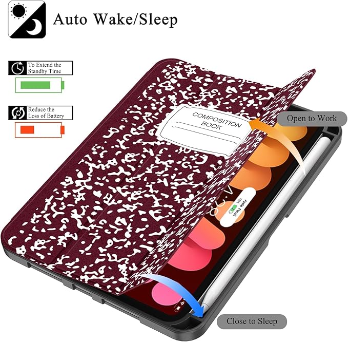 Soke Case for iPad mini 7(A17 Pro) 2024/iPad Mini 6 2021 8.3 inch with Pencil Holder-[Pencil Charging + Auto Wake/Sleep], Soft TPU Back Cover for iPad mini 7th/6th Generation(Book Wine)