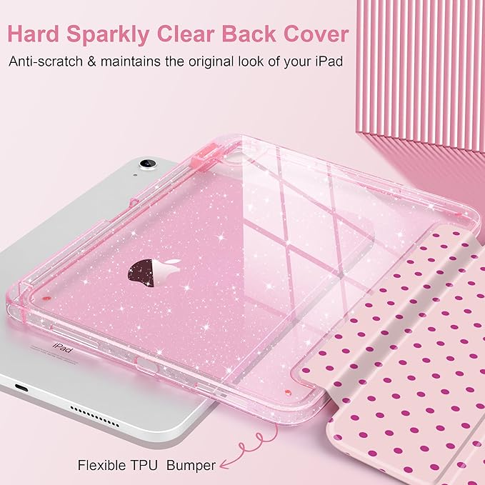DONGKE for iPad Pro 11 inch Case – Fits M5 2025 / M4 2024, Shockproof Sparkling Glitter Acrylic Back, Pencil Holder, Trifold Stand, Auto Sleep/Wake & Touch ID Support - Pink Polka Dot