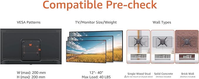 Amazon Basics Tilting TV Wall Mount for Wood Studs, Fits 12-40 inch TVs up to 40 lbs, VESA 200x200, Black