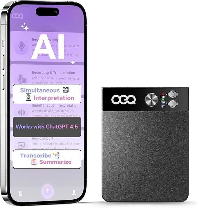 AI Voice Recorder with Simultaneous Interpretation & Real-timeTranscription,64GB AI Speech Processor Powered by ChatGPT with App Control for Business/Education/Interviews,Black
