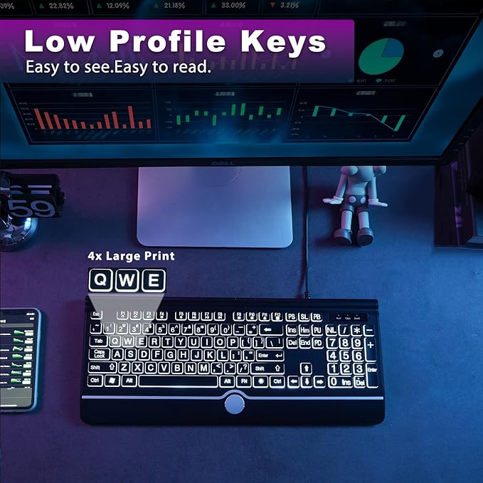 Large Print Backlit Computer Keyboard, 7-Color Backlit Keyboard with Wrist Rest, USB Plug-and-Play, Oversize Letters Keys Easy to See and Type, Wired Light Up Keyboards for Laptop, PC, Gaming