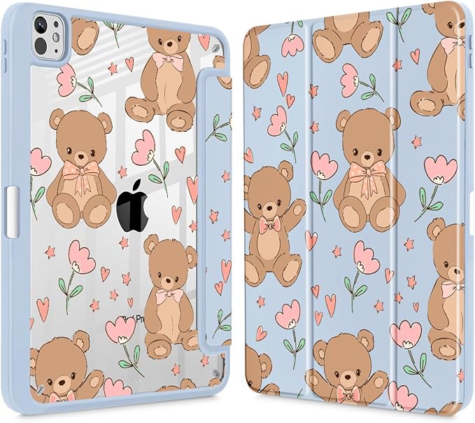 May Chen Case for iPad Pro 11-Inch M5/M4 2025/2024 (6th/5th Generation), [Penceil Holder] Trifold Stand Auto Wake/Sleep Clear TPU Protection Back Cover, Cute Teddy Bear
