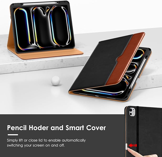 VIKESI Case for iPad Pro 13-inch M5 or M4 Released in 2025 or 2024, Leather Stand Cover with Apple Pencil Holder, Auto Wake/Sleep, Multiple Viewing Angles, Built in Hand Strap & Pocket,Black Brown