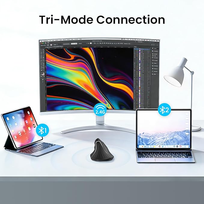 CITLLA Wireless Ergonomic Vertical Mouse, Rechargeable Tri-Mode (Dual Bluetooth + 2.4G USB) Optical Mouse with Adjustable RGB Lighting, Multi-Device Control for Laptop, PC, Mac, iPad, Desktop (Black)