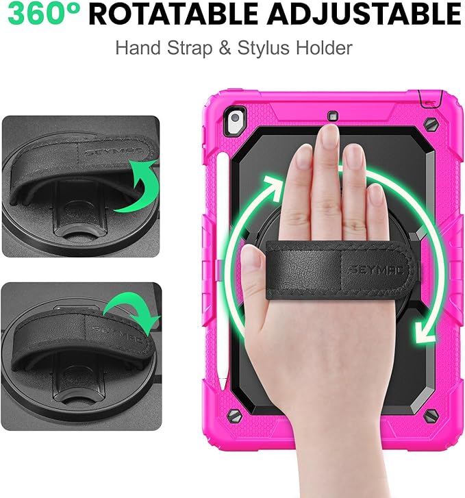 SEYMAC for iPad 9th/8th/7th Generation Case 10.2" 2021-2019, Full-Body Shockproof Heavy Duty Protective Case with Screen Protector, Rotating Stand/Handle/Shoulder Strap for iPad 10.2, Pink