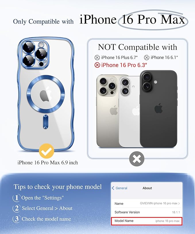 GVIEWIN for iPhone 16 Pro Max Case Compatible with MagSafe, Upgraded [Full Camera Protection][Cute Wave Frame][Military Grade Protection] Electroplated Soft Phone Cover for Women, Clear/Light Blue
