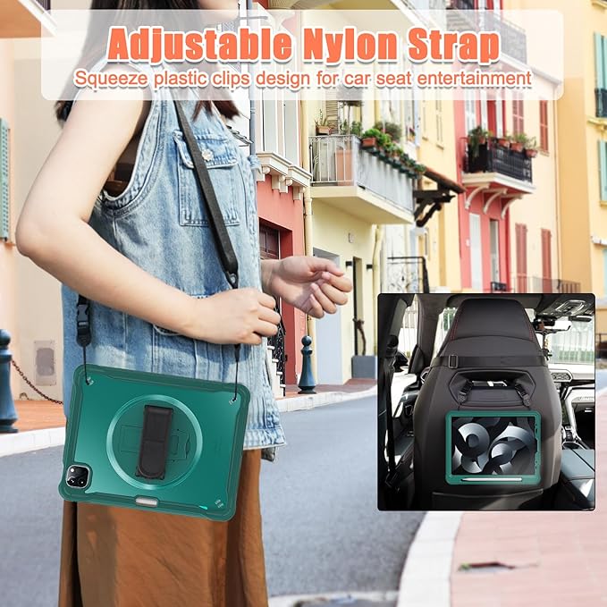 Batianda Case for iPad Pro 11-inch 2022 4th M2 Chip /2021 (3rd Generation) Heavy Duty Rugged Shockproof Tablet Cover with 360° Rotating Hand Strap Foldable Hidden Stand & Shoulder Strap, Teal
