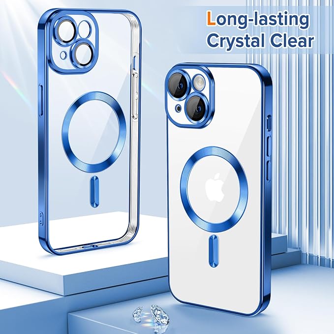 Hython Magnetic Clear for iPhone 15 Plus Case with Camera Lens Protector [Compatible with MagSafe] Luxury Plating Edge Slim Soft TPU Cover Protective Phone Case for iPhone 15 Plus 6.7", Deep Blue