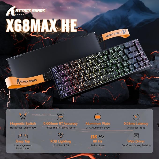 ATTACK SHARK X68MAX HE Wired Rapid Trigger Mechanical Creamy TKL RGB Gaming Keyboard with Full Aluminum CNC,8K Polling,0.005mm Accuracy,Hall Effect Magnetic Switch,NKRO,Driver for PC(Black Contour)