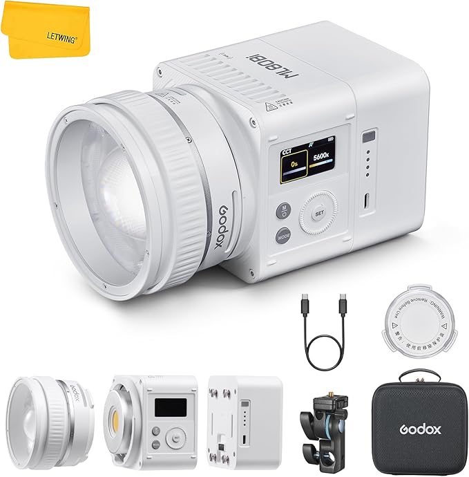 Godox ML80Bi COB Video Light w/95Wh Detachable Battery, Brighter Bi-Color Led Video Light 29600lux@5600K 1m, CRI 96, 2800K-6500K,11FX, Dimming 0%~100%, Portable Continuous Output Lighting Photography