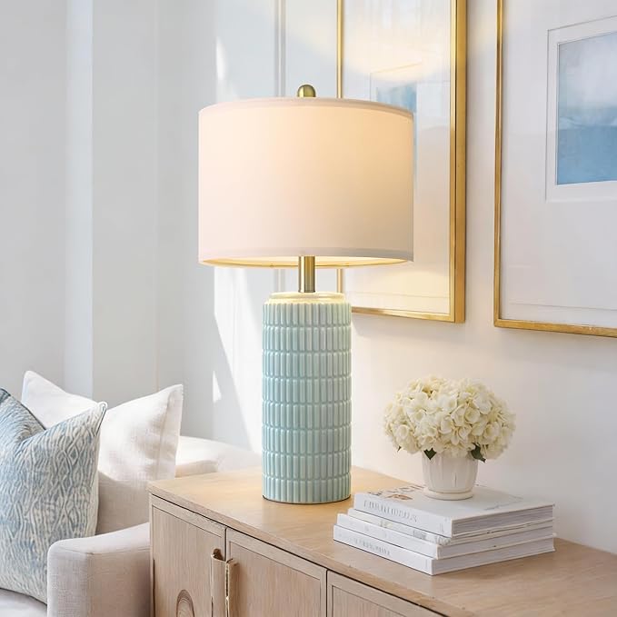 PoKat 23" Light Blue Table Lamps Set of 2, Modern Bedside Lamps for Bedroom, Coastal Ceramic End Table Lamps for Living Room, Ocean Nightstand New Home Decor Lamps