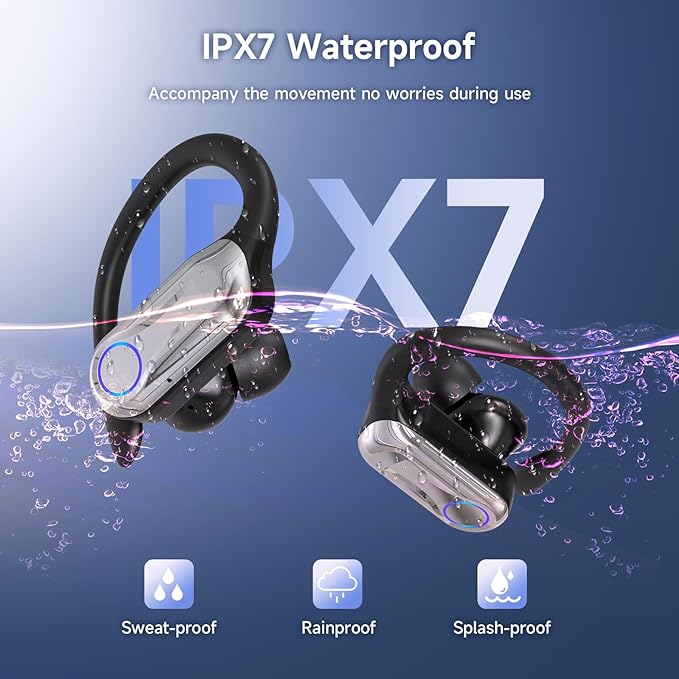 Wireless Earbuds, Sports Bluetooth 6.1 Earhooks Headphones, 90H Playtime LED Charging Case, ENC Noise Cancelling, 16.2mm Driver HiFi Stereo, IPX7 Waterproof Earphones for Running Workout Gym Black