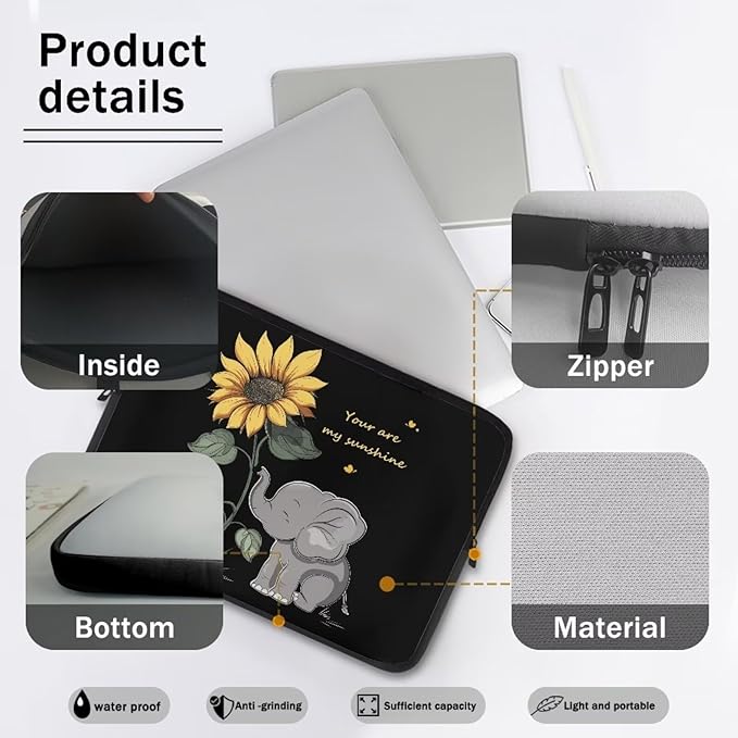 Sunflower Elephant Laptop Sleeve Case for Kids 17 Inch Laptop Protector with Multiple Uses Lightweight Computer Sleeve Tablet Bag Laptop Carrying Case Gifts for Girls Black