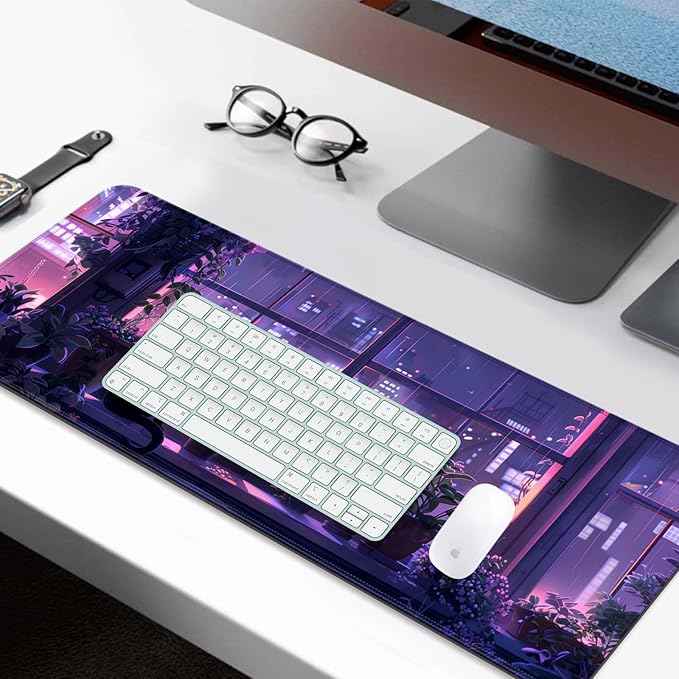 Japanese Anime Cute Cat and Plant Gaming Desk Mat, Computer Keyboard Large Extended Kawaii Animal Mouse Pad for Office and Home, 31.5×11.8 Inches, XL, Purple
