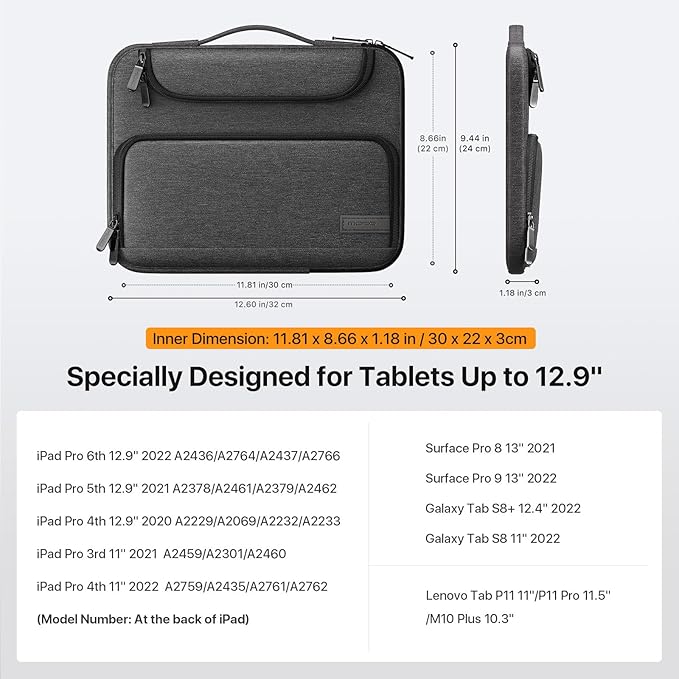MoKo 13 Inch Laptop Sleeve Case Fits 13 Inch New iPad Pro M5 & Air M3 2025, iPad Pro 12.9 in, Galaxy Tab S8+/S9+ 12.4, Waterproof Polyester Bag with Double Pockets, Retractable Handle, Black & Gray