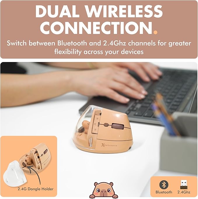 X9 Performance Wireless Vertical Ergonomic Mouse - Click with Capybara - (BT + 2.4G) Up to 4000 DPI, 6 Button, Rechargeable - Bluetooth Ergonomic Vertical Mouse Wireless - for Mac and PC - Brown