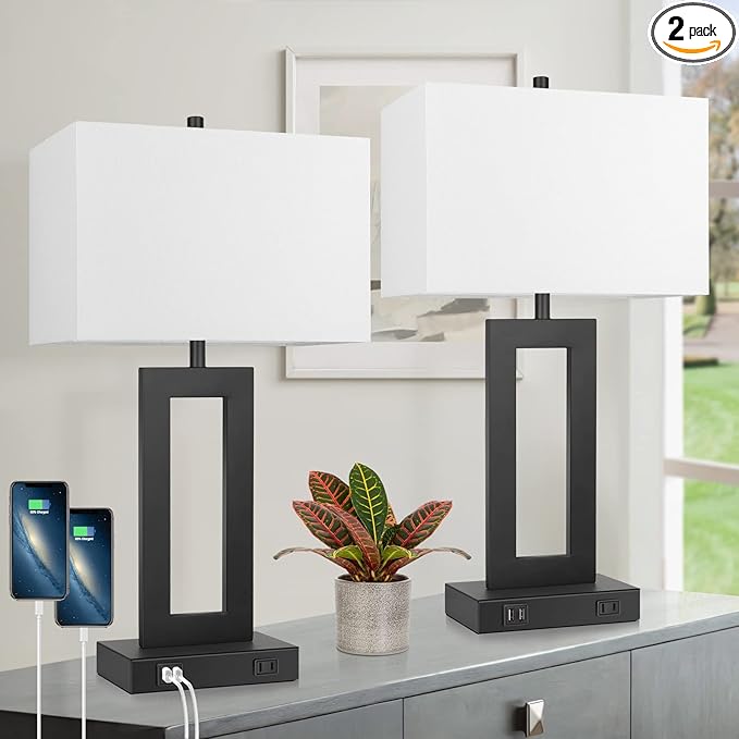 Set of 2 Modern Touch Control Table Lamps with 2 USB Ports, 22’’ Large Bedside Nightstand Lamps 3-Way Dimmable Desk Lamp With White Fabric Shade For Bedrooms Living Room Reading, 2 LED Bulbs Included