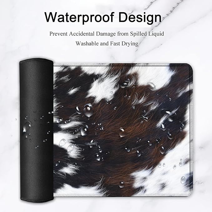 Large Gaming Mouse Pad, Extended Waterproof Desk Pad Protector (31.5" x 11.8") Ergonomics Memory Foam Mouse Wrist Rest Support, for Home Office Laptop Easy Typing, Black & White Cowhide Fur Mouse Mat