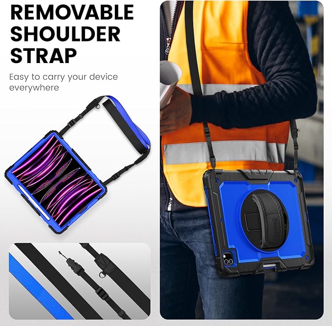 Timecity for iPad Pro 12.9 Case 6th/5th/4th/3rd Gen, 360° Rotating Stand, Pencil Holder & Wireless Charging, Shockproof with Screen Protector & Shoulder Strap - for Designers & Professionals-Dark Blue