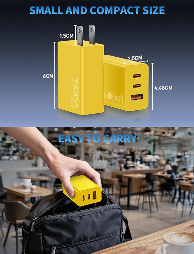 2Pack 65W USB C Charger Block, 3Port Fast Charging Adapter,Type C Fast Charging Blocks Cube PD USBC Wall Plug+QC3.0 USB A Charger Brick for MacBook Pro/Air,iPad,iPhone17/16,Samsung S26/S25&More-Yellow
