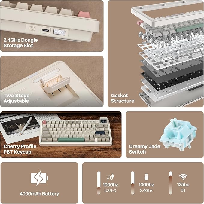 EPOMAKER RT82 Wireless Mechanical Keyboard with Screen, VIA Custom, 2.4GHz/USB-C/BT5.0, RGB Backlit, Gasket, 5-Paddings, PBT Keycaps, Hot-Swap Retro Gaming Keyboard (Creamy Jade)