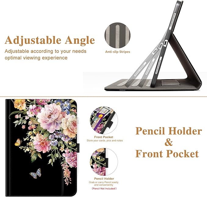 Vimorco iPad Air M4/M3/M2 11 Inch Case 2026/2025/2024 Pink Flower, iPad Air 5th/4th Gen Cases 10.9-inch, iPad Pro 11 Inch Case 4th/3rd/2nd/1st Generation Pencil Holder/Hand Strap/Pocket, Butterfly