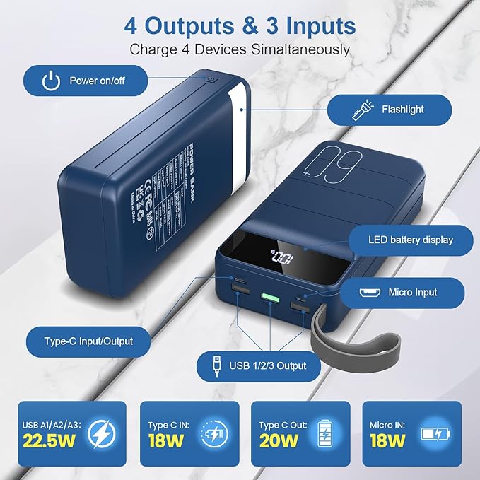 Portable Charger Power Bank 60000mAh Fast Charging 22.5W PD4.0 & QC 4.0 with USB C Battery Pack Charger Portable High Capacity Portable Phone Charger Power Bank for iPhone, Samsung, Travel (Blue)