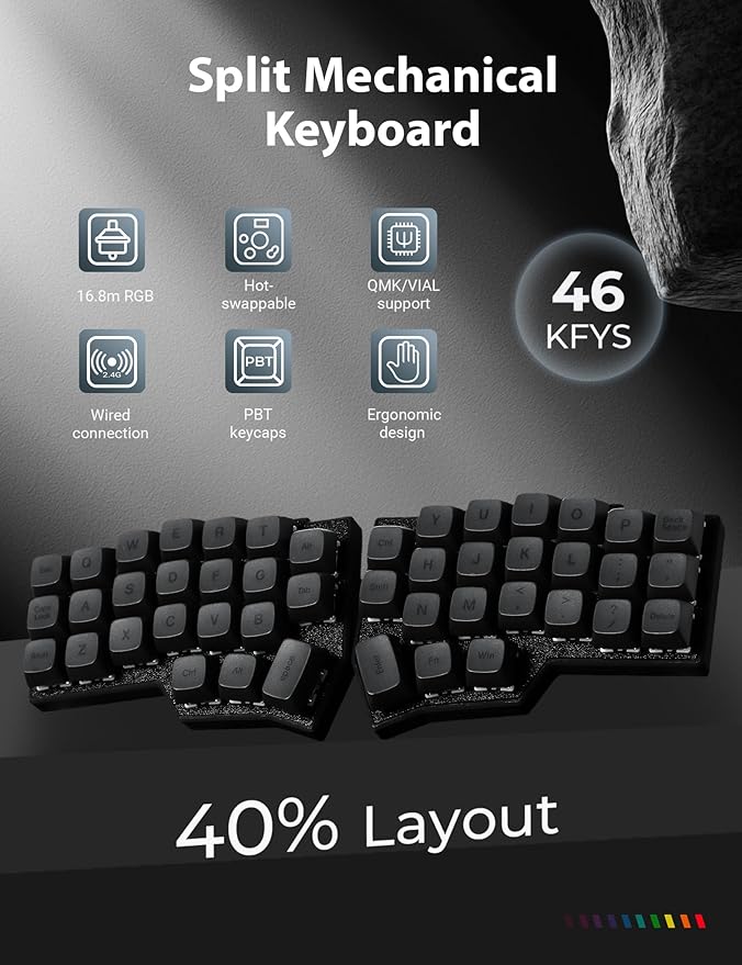 YIVU 40% Corne Wireless Split Keyboard, QMK/VIALProgrammable, Columnar-Staggered Ergonomic Layout, Hot Swappable Standard Profile MX Linear Switches, PBT Keycaps
