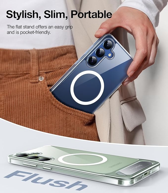 TORRAS Strong Magnetic & Seamless Stand for Samsung Galaxy S25 Case, Fit for MagSafe, Mil-Grade Drop Protection, Adjustable Kickstand for Samsung Galaxy S25 Case, Anti-Yellowing Diamond Clear