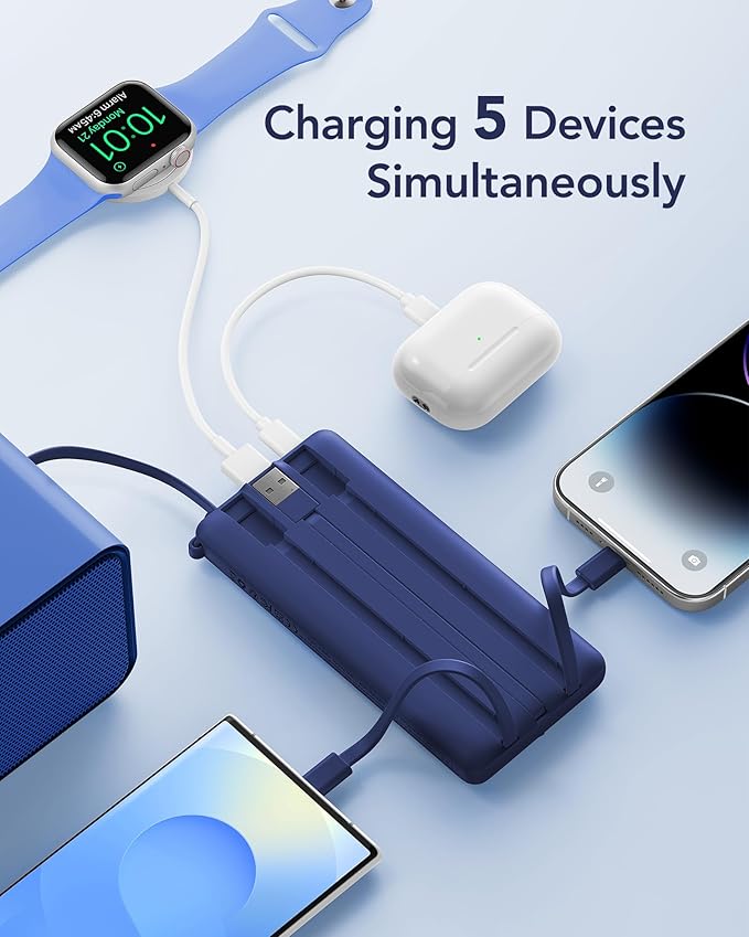 VRURC Portable Charger for iPhone, USB C Power Bank 10000mAh, Slim Travel Battery Pack Built in Cables & Lanyard, 5 Output 2 Input Portable Phone Charger for iPhone 17 16 15 14 13, Samsung-Navy