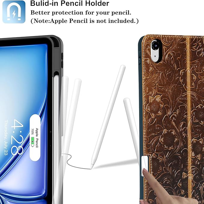 Gexmil Genuine Leather Case for iPad Pro 13 Inch (M5/M4) 2025/2024 with Pencil Holder,Protective Shockproof Smart Premium Leather Folio Cover Adjustable Stand Auto Sleep/Wake Anti-Slip,Flower Brown