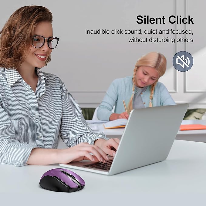 TECKNET Wireless Mouse (2.4G & BT5.0/3.0) Silent 4800 DPI Computer USB A & Bluetooth Mouse 6 Buttons, Wide Compatibility - Purple