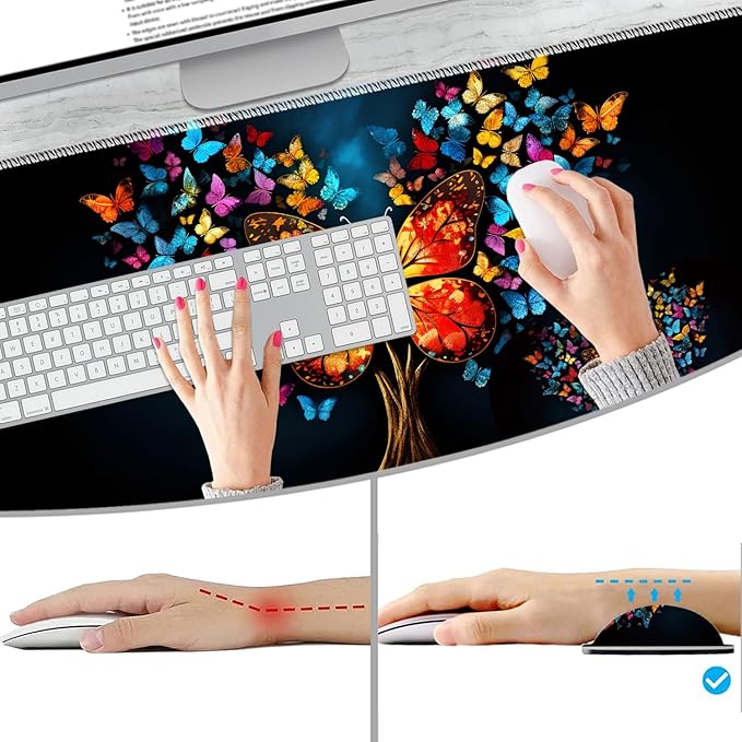 Extended Non-Slip Mouse Pad + Mouse Wrist Rest + Lace-Shaped Coaster Set, Ergonomic Design, Suitable for Desk and Home Gaming Table Mat, Colorful Tree Butterfly