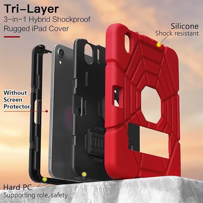 Grifobes Case for iPad mini 7th 2024 (A17 Pro) / Mini 6th Generation 2021 8.3", Heavy Duty Shockproof Cover with Pencil Holder Stand, for i Pad Mini 7/6 Gen 8.3 inch Case (Red+Black)